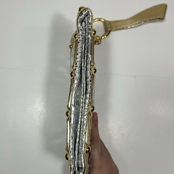 MICHELLE MONROE Croc Embossed Silver Gold Convertible Clutch Bag Key Chain Flaw - Picture 9 of 10